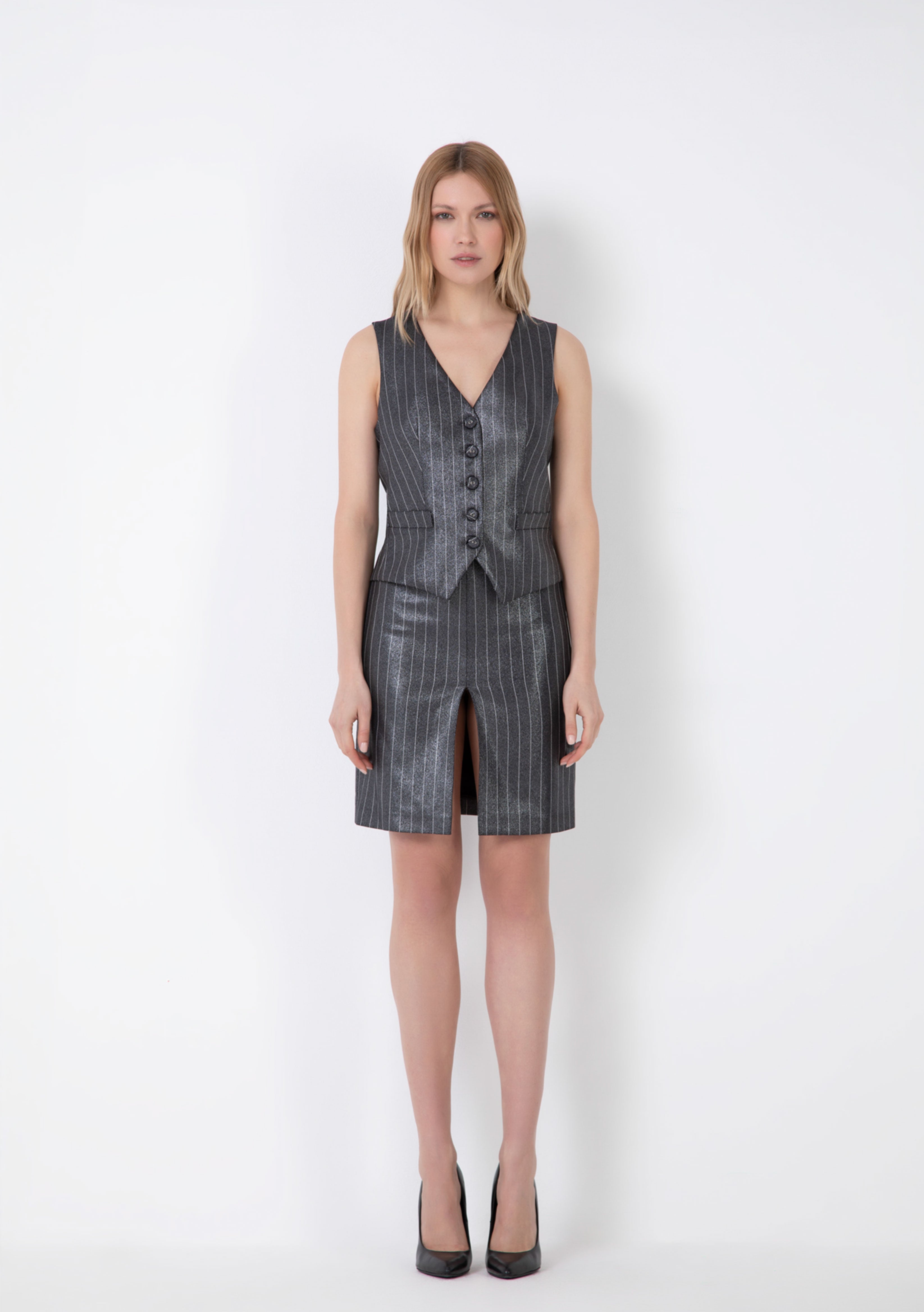 PINSTRIPED LAME SLEEVELESS