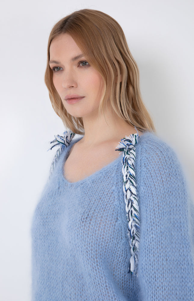 PULLOVER SCOLLO A V IN MISTO MOHAIR CON DECORAZIONE TRECCIA
