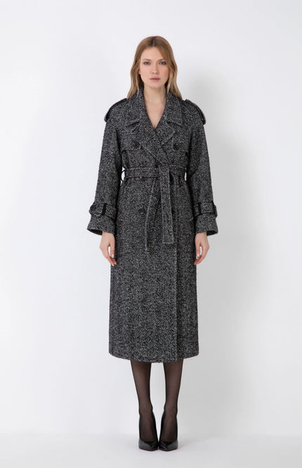 HERRINGBONE CASHMERE BLEND TRENCH COAT WITH BUTTONS AND POCKETS