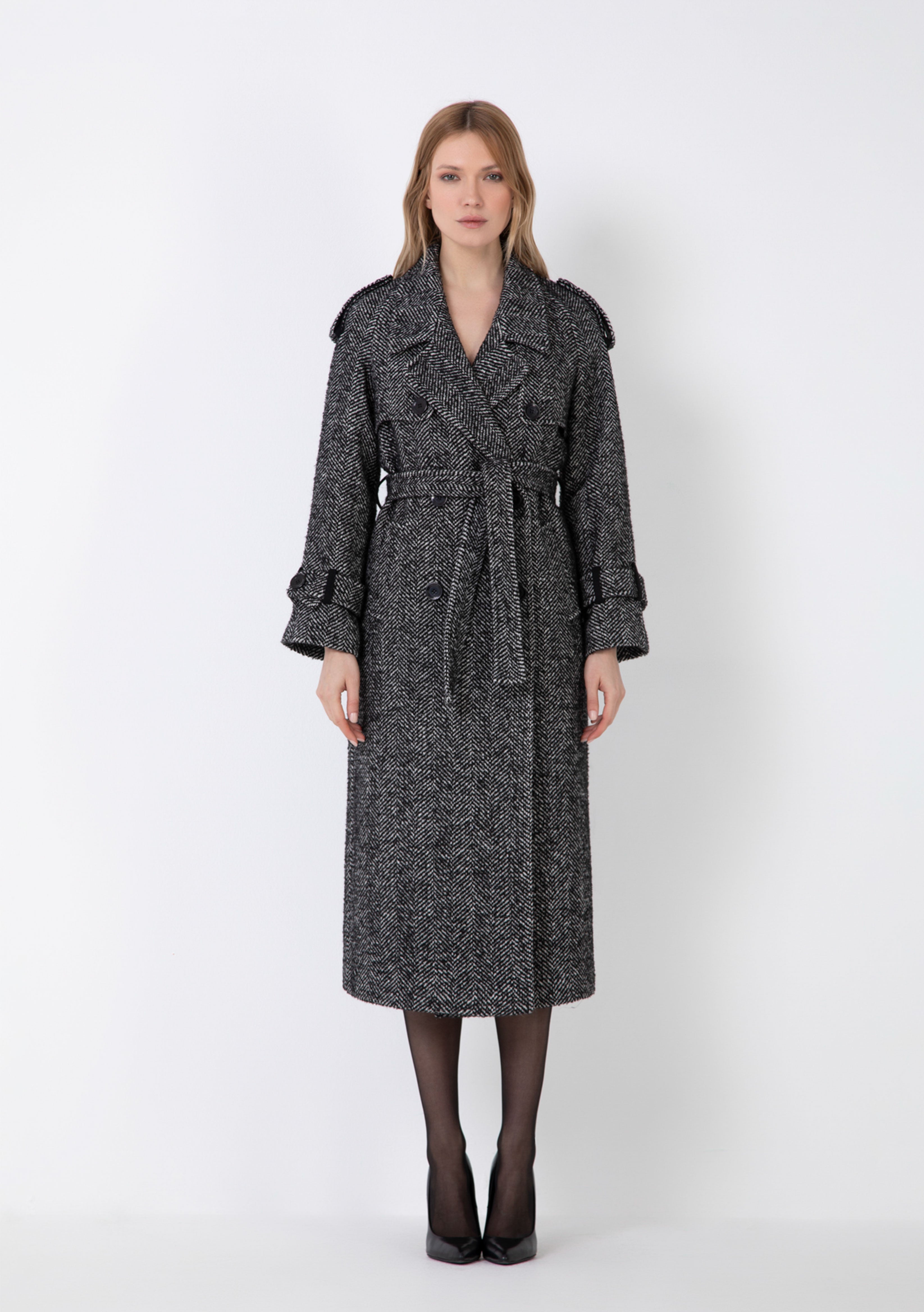 HERRINGBONE CASHMERE BLEND TRENCH COAT WITH BUTTONS AND POCKETS