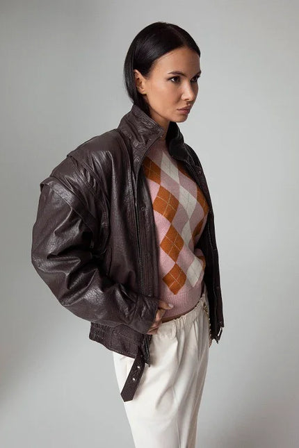OVERSIZED GENUINE LEATHER BOMBER JACKET WITH REMOVABLE SLEEVES
