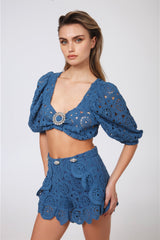 Top macramé ins. Gioiello+Short appl. Pietra