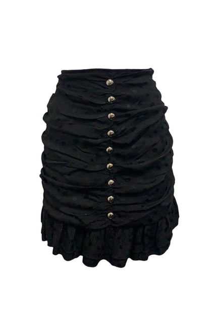 Black ruched mini skirt with polka dot texture, front buttons, and ruffled hem